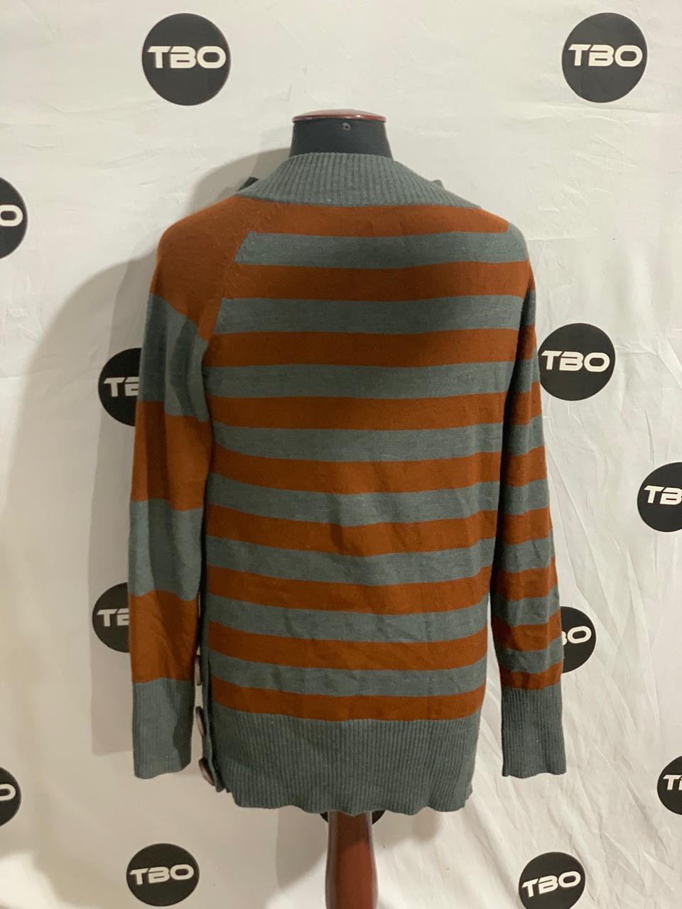 TWIK STRIPED BUTTON SHOULDER KNIT SWEATER FOR WOMEN