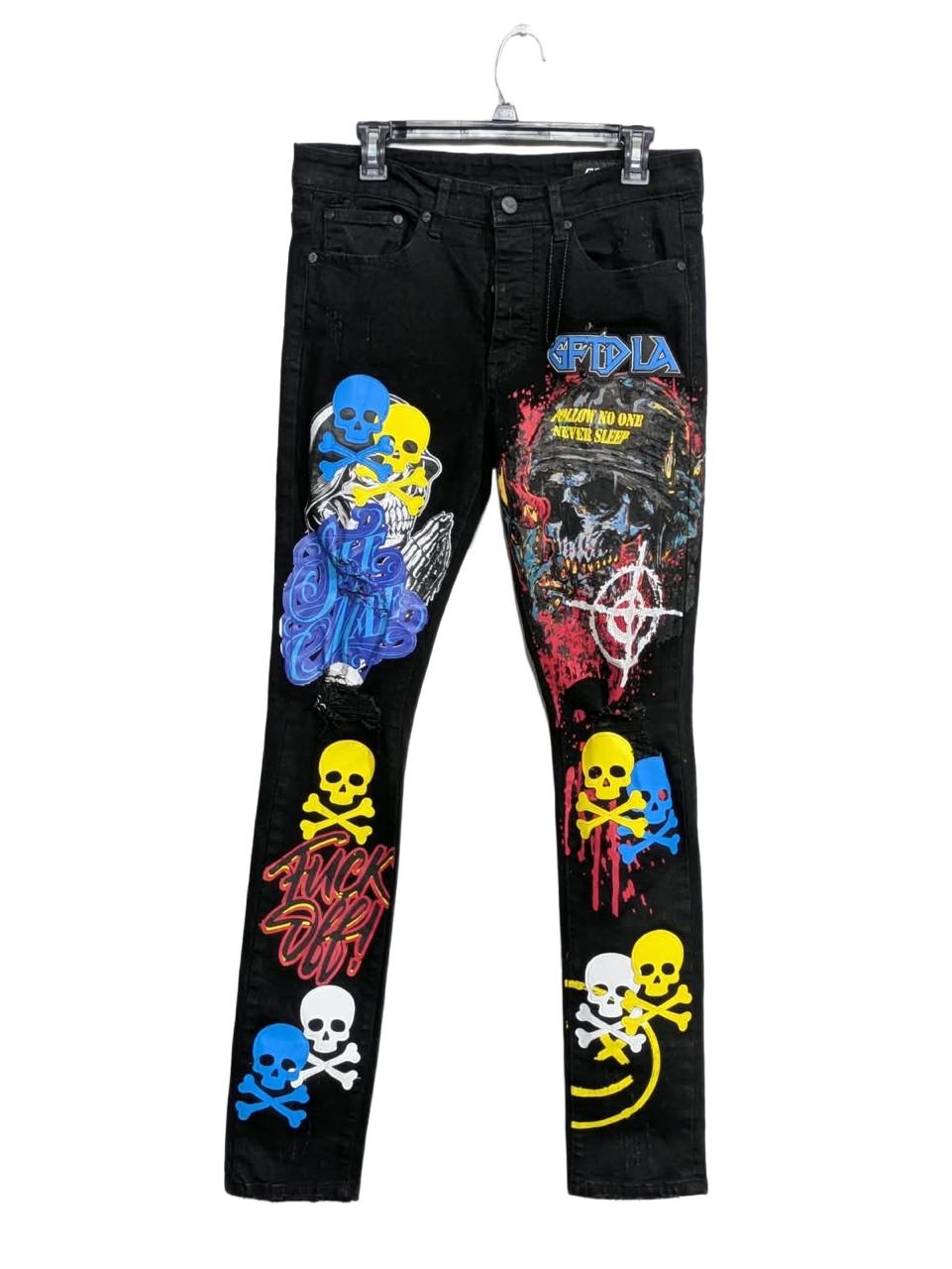 GFTD PAINTED SKULL DISTRESSED JEANS FOR MEN