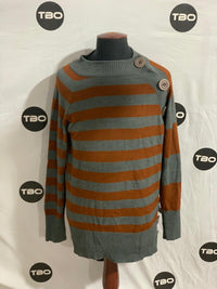 TWIK STRIPED BUTTON SHOULDER KNIT SWEATER FOR WOMEN