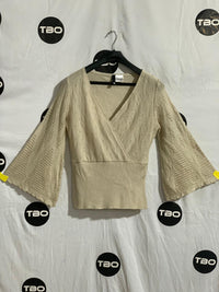 POINTELLE KNIT WRAP BELL SLEEVES TOP FOR WOMEN